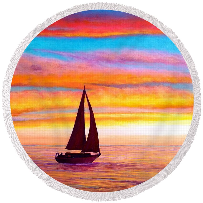 Waterscape Round Beach Towel featuring the painting Sailboat at Sunset by Sarah Irland