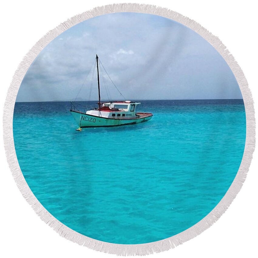 Sailboat Round Beach Towel featuring the photograph Sailboat Drifting in the Caribbean Azure Sea by Amy McDaniel