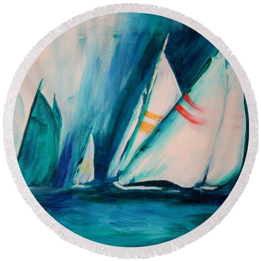 Sailboats And Abstract 2 Round Beach Towel featuring the painting Sailboat studies by Julie Lueders 