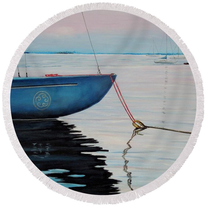 Sailboat Round Beach Towel featuring the painting Sailboat tied by Marilyn McNish