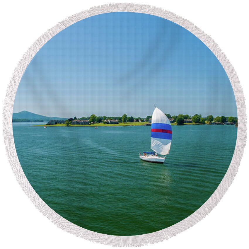 Sailboat Round Beach Towel featuring the photograph Sailing at SML by Star City SkyCams