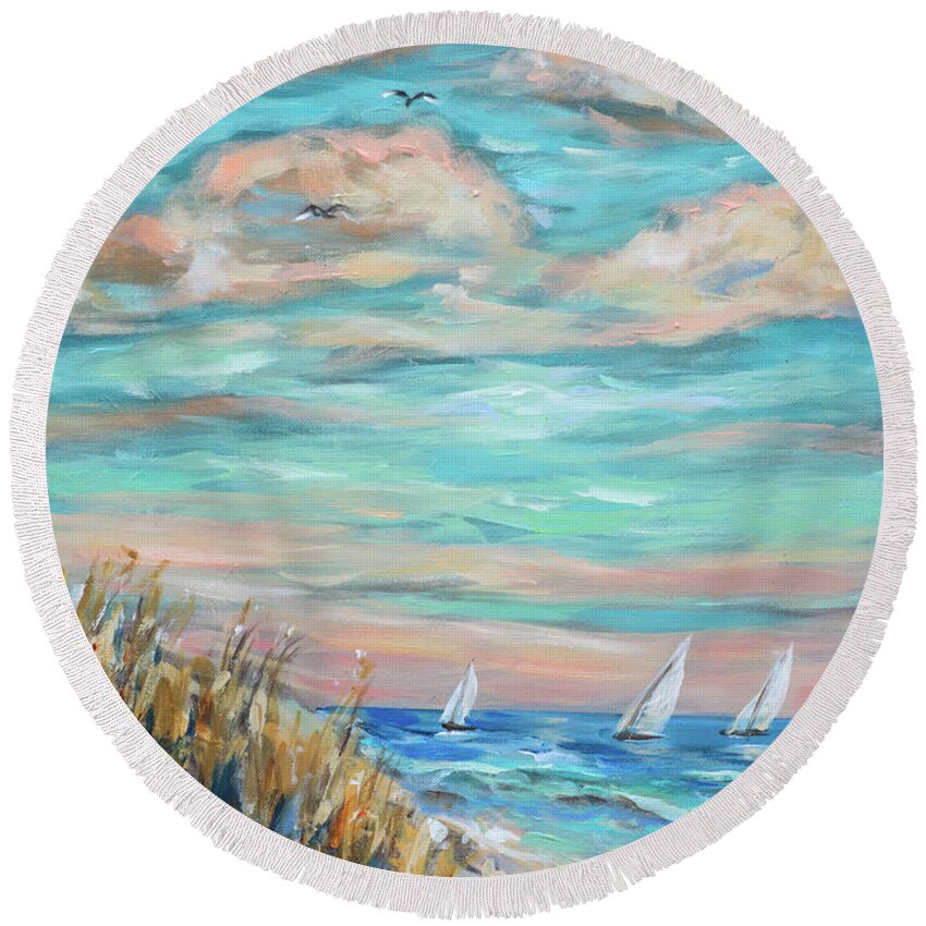 Sailing Round Beach Towel featuring the painting Sailing Close to Shore by Linda Olsen
