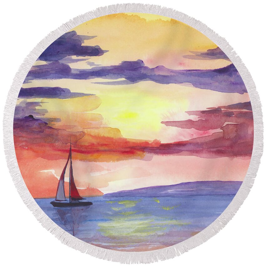 Darice Round Beach Towel featuring the painting Sailing Into the Sunset by Darice Machel McGuire