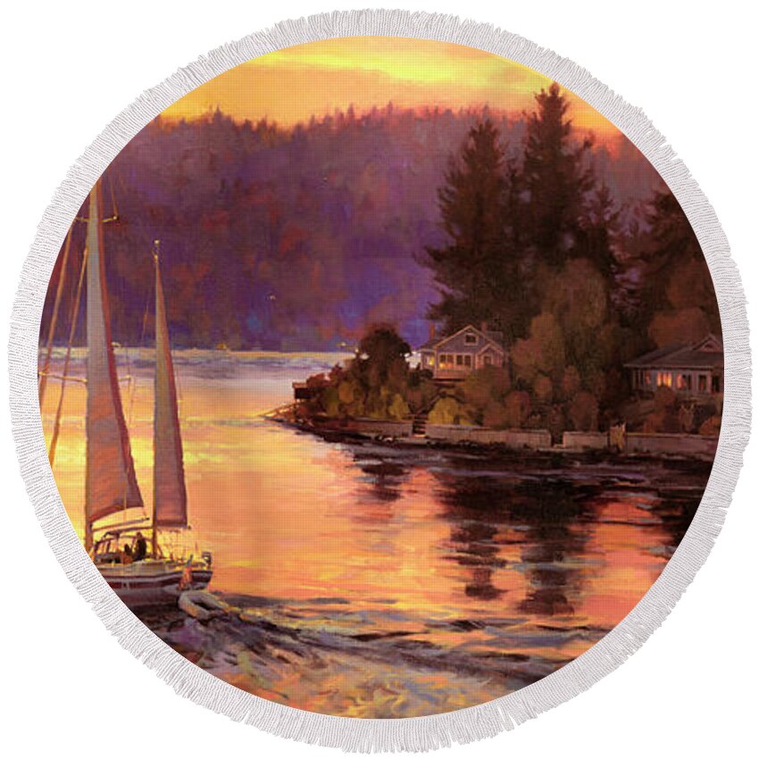 Sailing Round Beach Towel featuring the painting Sailing on the Sound by Steve Henderson