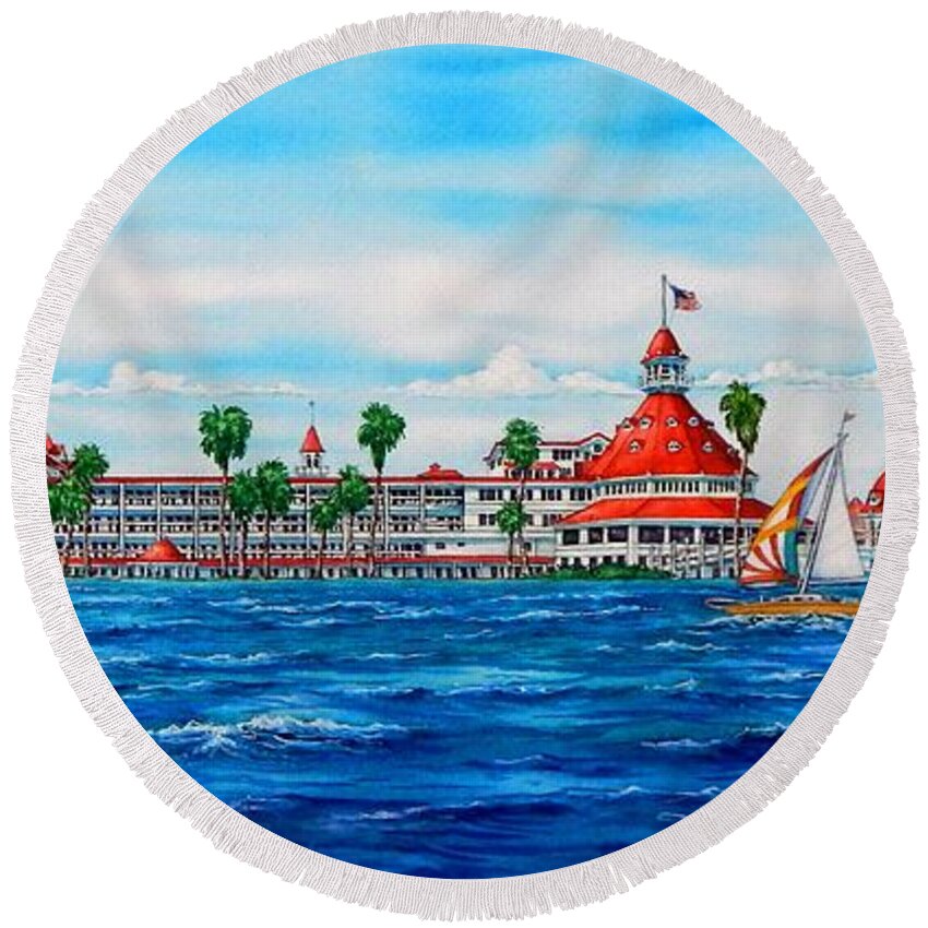 Del Round Beach Towel featuring the painting HOTEL DEL CORONADO, Sailing over Hotel Del Coronado by John YATO