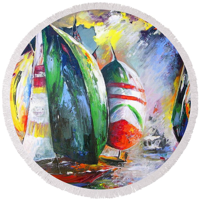 Sailing Boats Painting Round Beach Towel featuring the painting Sailing Regatta by Miki De Goodaboom