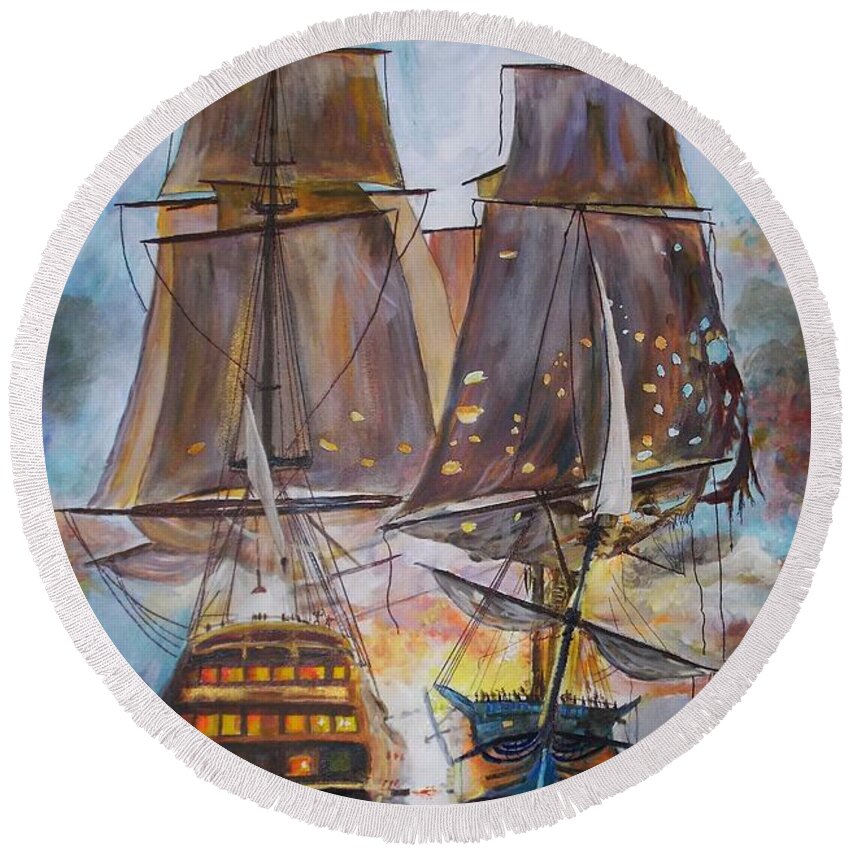 History Round Beach Towel featuring the painting Sailing Ships at War. by Mike Benton