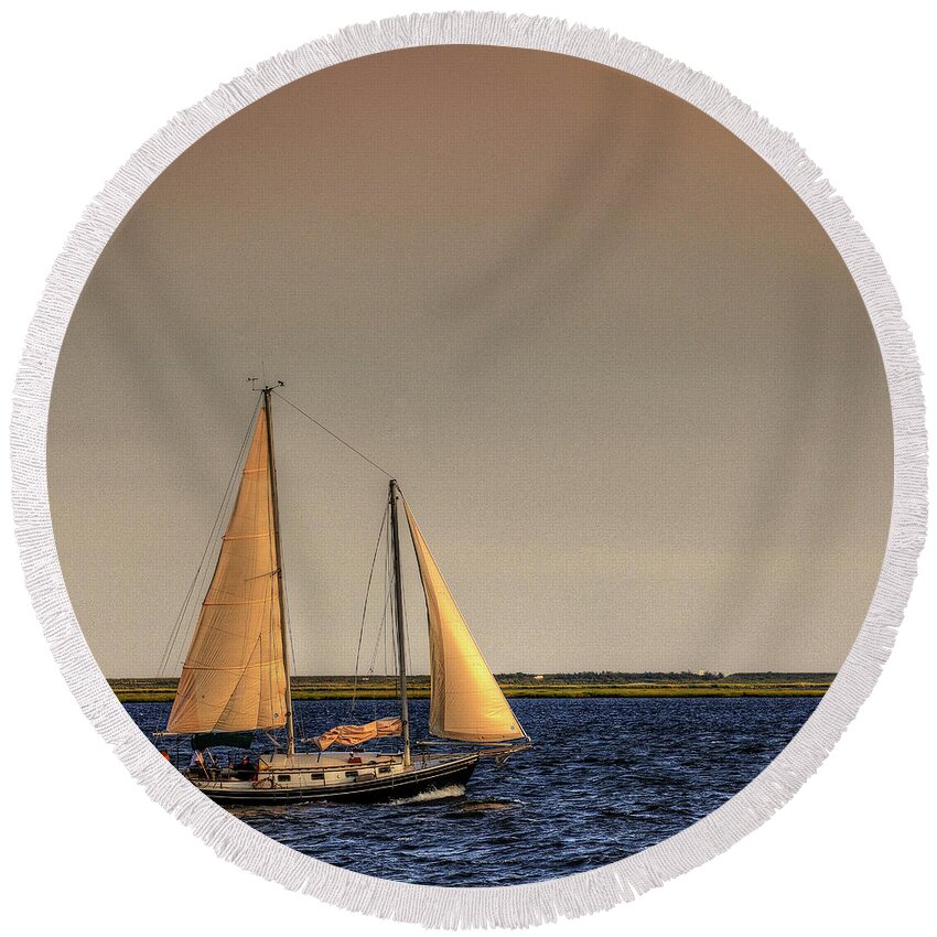 Great South Bay Round Beach Towel featuring the photograph Sailing by Steve Gravano