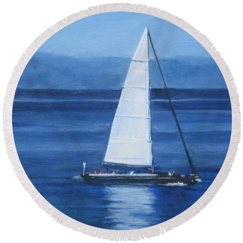 Acrylic Round Beach Towel featuring the painting Sailing The Blues by Paula Pagliughi