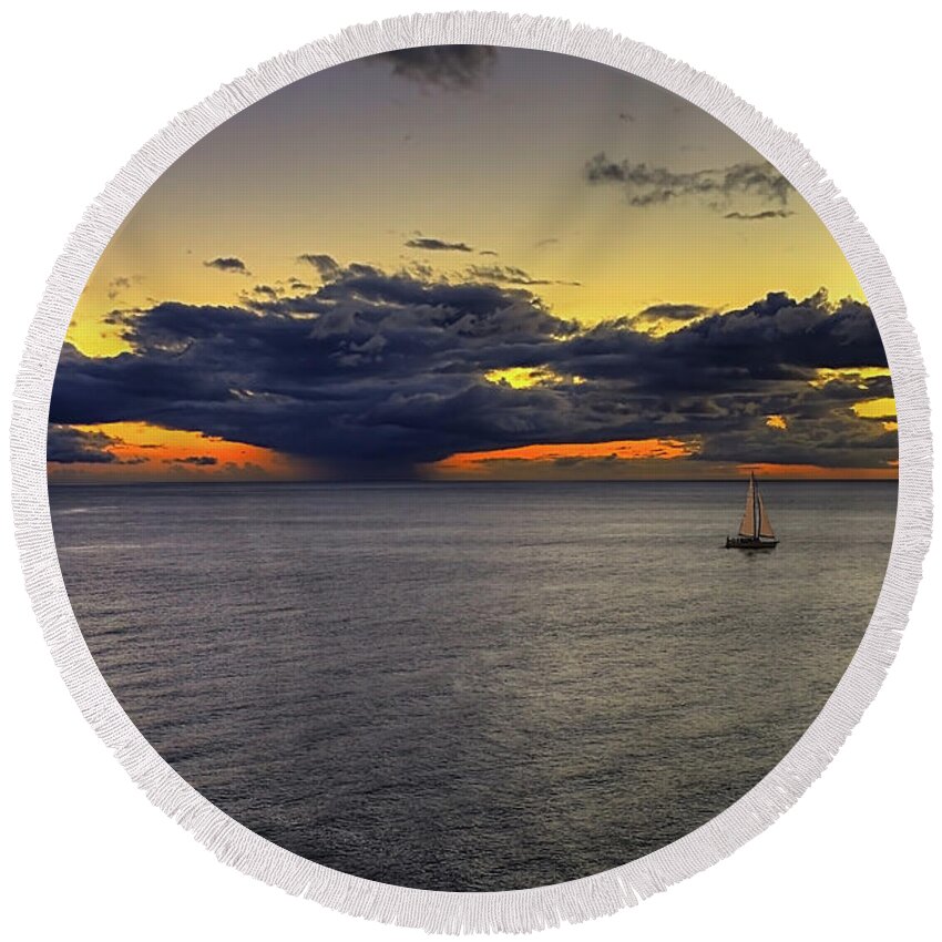 Sailboat Round Beach Towel featuring the photograph Sailing to Sunset by Peter Kennett
