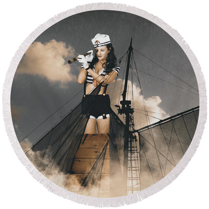 Crowsnest Round Beach Towel featuring the photograph Sailor pinup girl on lookout from ships crows-nest by Jorgo Photography