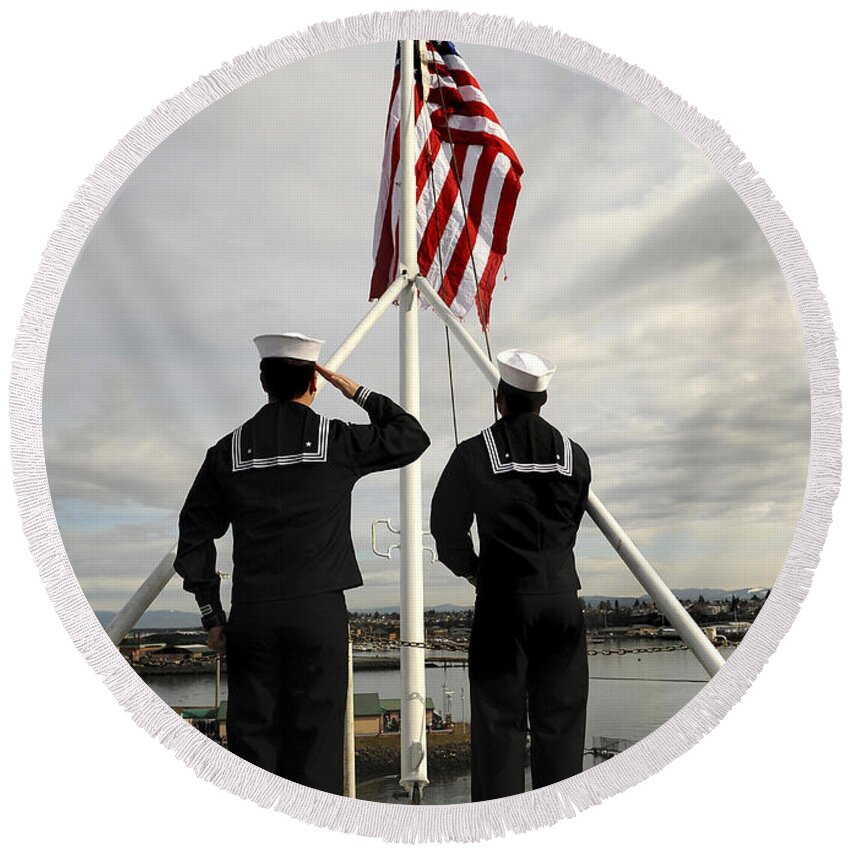 Us Navy Round Beach Towel featuring the photograph Sailors Raise The National Ensign by Stocktrek Images