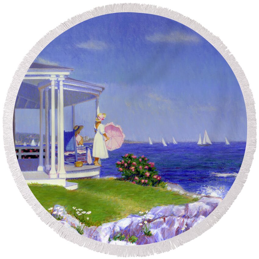 Sailboats Round Beach Towel featuring the painting Sails of August by Candace Lovely