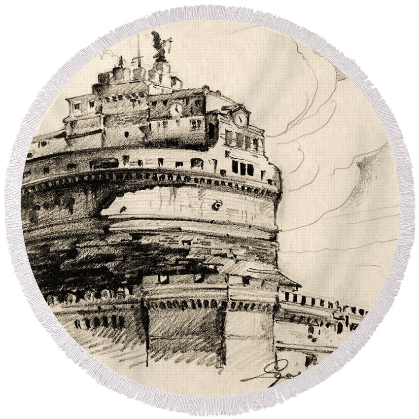 Ancient Round Beach Towel featuring the drawing Saint Angel castle by Odon Czintos