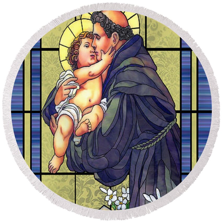 Stained Glass Round Beach Towel featuring the mixed media Saint Anthony by Anthony Seeker