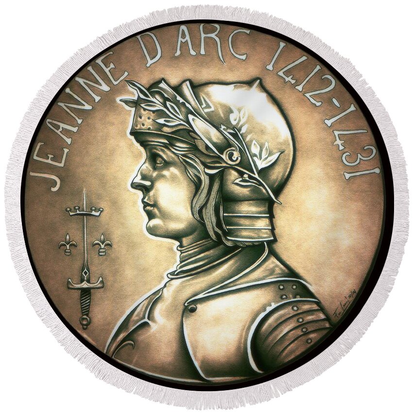 Coin Round Beach Towel featuring the drawing Saint Joan of Arc by Fred Larucci