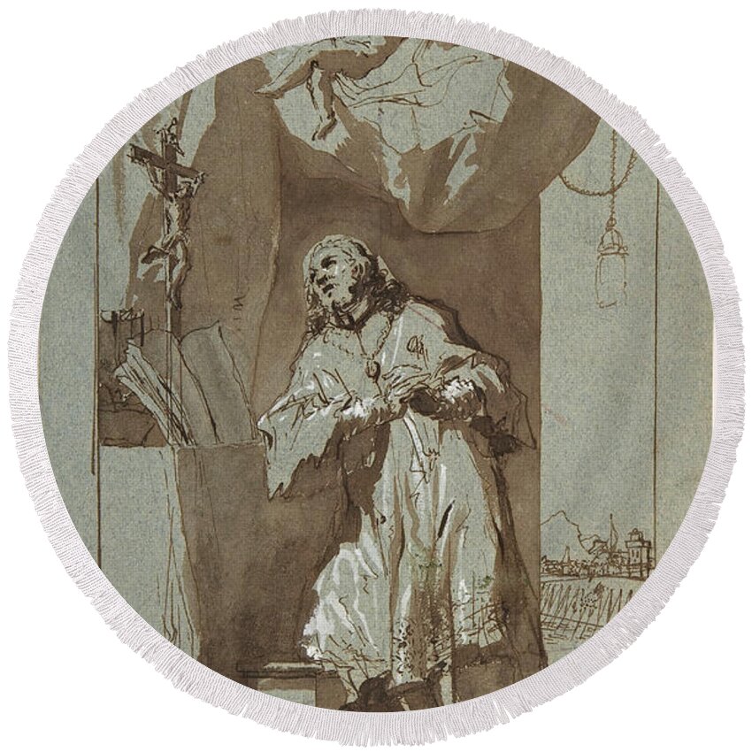 Georg Anton Urlaub Round Beach Towel featuring the drawing Saint John Nepomuk Praying by Georg Anton Urlaub