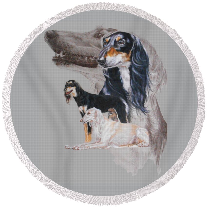 Hound Group Round Beach Towel featuring the mixed media Saluki Revamp by Barbara Keith