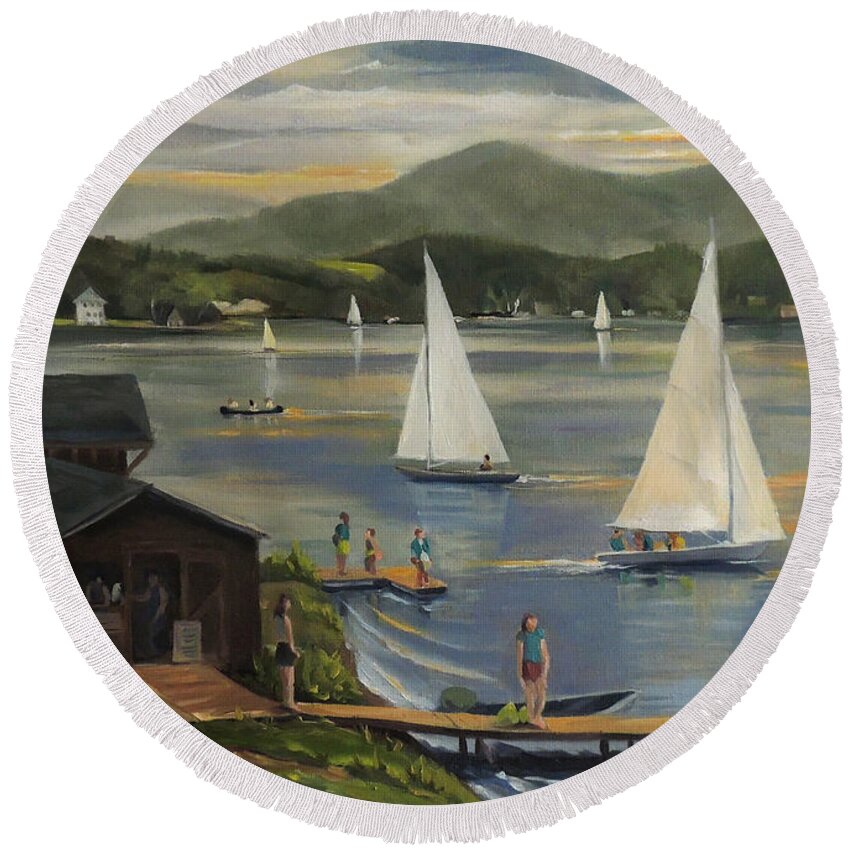 Sailing Round Beach Towel featuring the painting Sailing at Lake Morey Vermont by Nancy Griswold