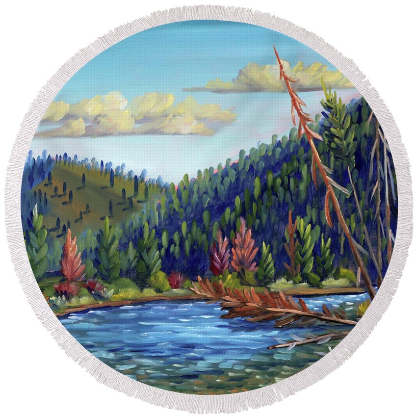 River Round Beach Towel featuring the painting Salmon River - Stanley by Kevin Hughes