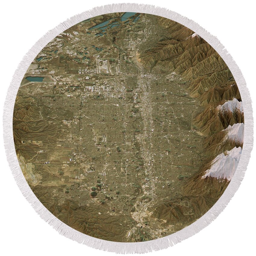 Salt Lake City Round Beach Towel featuring the digital art Salt Lake City Topographic Map 3D Landscape View Natural Color by Frank Ramspott