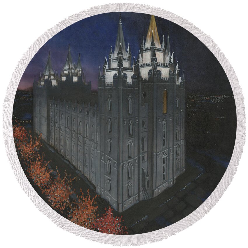 Lds Round Beach Towel featuring the painting Salt Lake Temple Christmas by Jeff Brimley