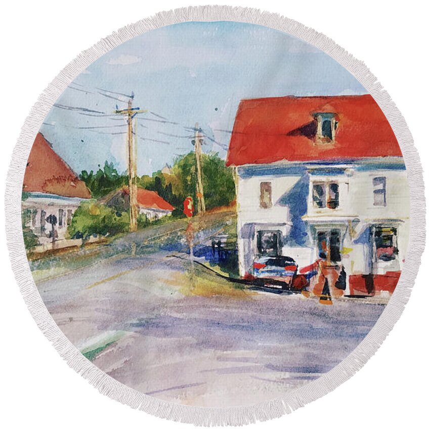 Landscape Round Beach Towel featuring the painting Salty Market, North Truro by Peter Salwen
