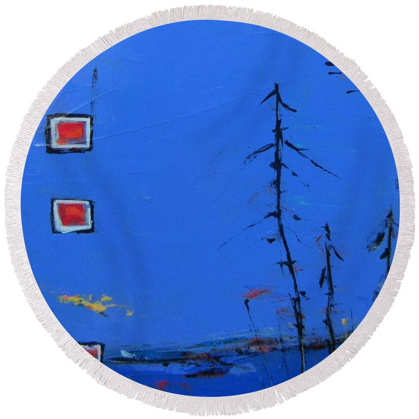 Blue Art Round Beach Towel featuring the painting Salut Abitibi by Francine Ethier
