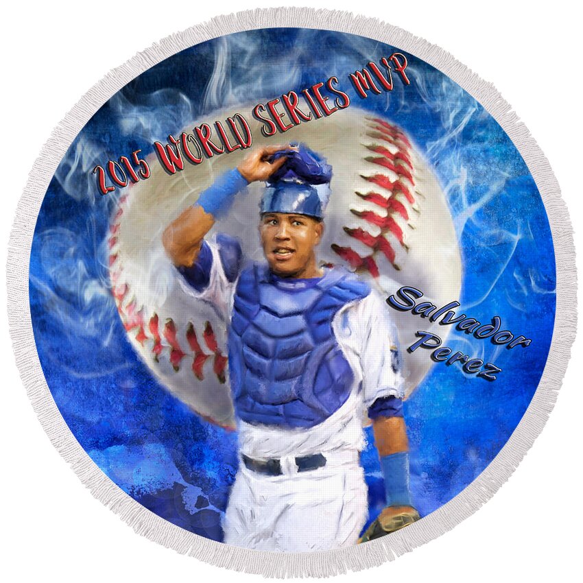 Salvie Round Beach Towel featuring the painting Salvador Perez 2015 World Series MVP by Colleen Taylor