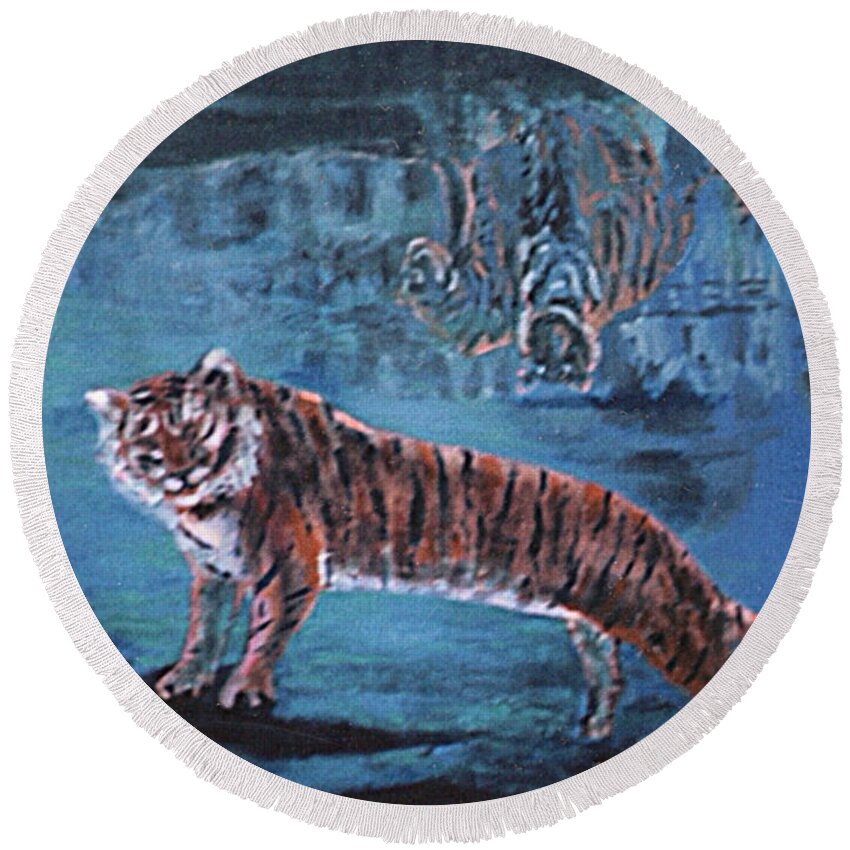 Tiger Round Beach Towel featuring the painting Salvato dalle acque by Enrico Garff