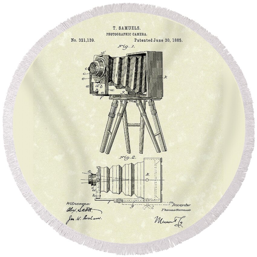 Samuels Round Beach Towel featuring the drawing Samuels Photographic Camera 1885 Patent Art by Prior Art Design