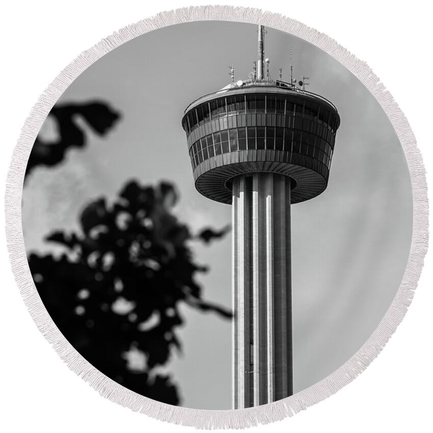 America Round Beach Towel featuring the photograph San Antonio Tower of the Americas - Black and White by Gregory Ballos