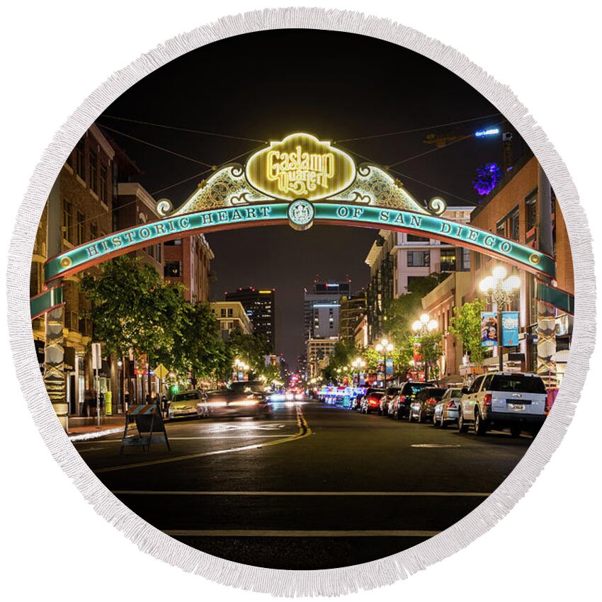 Gaslamp Quarter Round Beach Towel featuring the photograph San Diego Gaslamp Quarter at Night by David Levin