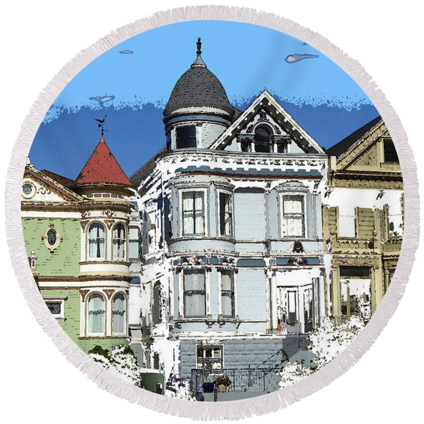 Sanfrancisco Round Beach Towel featuring the drawing San Francisco Alamo Square - Modern Art Painting by Peter Potter