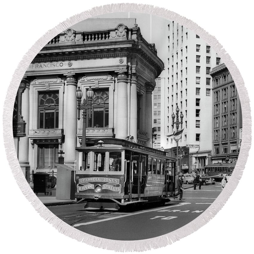 O'farrell At Market Street Round Beach Towel featuring the photograph San Francisco Cable Car during WWII by Wernher Krutein