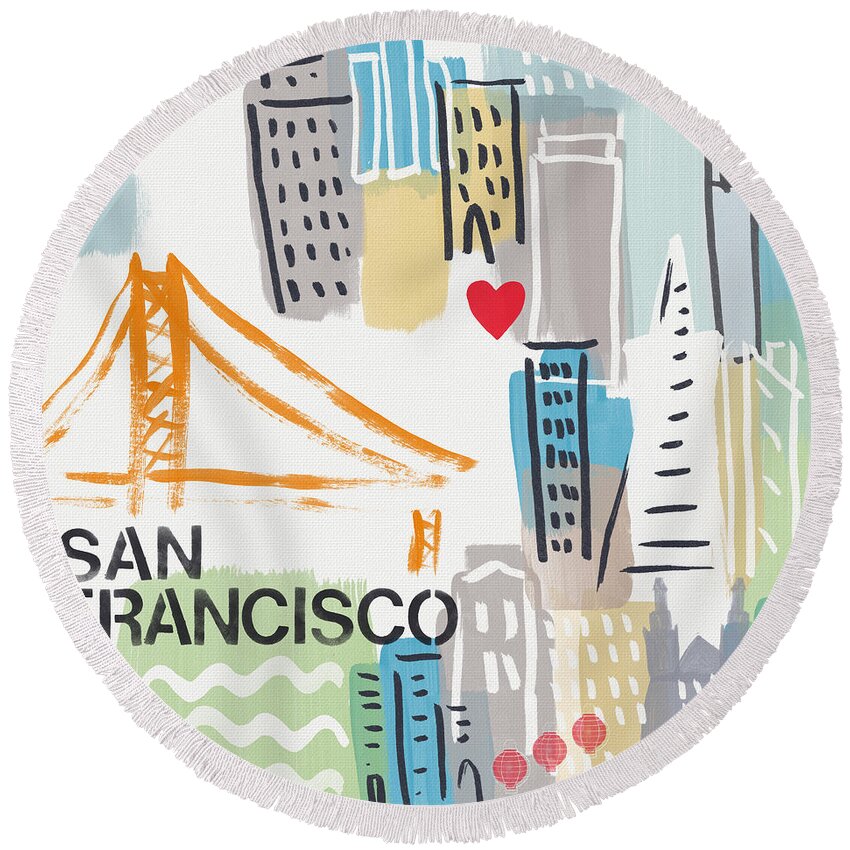 San Francisco Round Beach Towel featuring the painting San Francisco Cityscape- Art by Linda Woods by Linda Woods