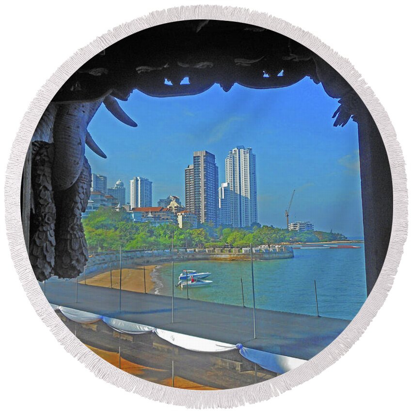  Laem Chabang Round Beach Towel featuring the photograph Sanctuary Of Truth 10 by Ron Kandt