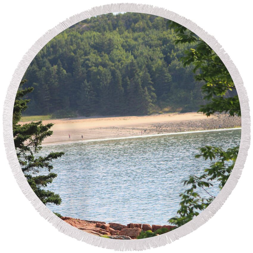 Acadia National Park Round Beach Towel featuring the photograph Sand Beach From A Distance by Living Color Photography Lorraine Lynch