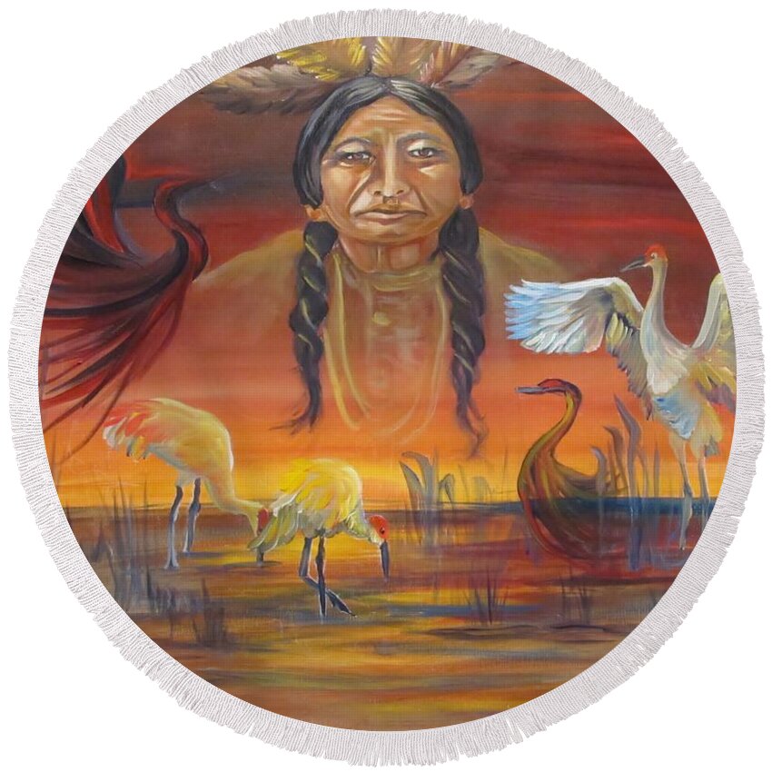 Native American Round Beach Towel featuring the painting Sand Crane Dreams by Carol Allen Anfinsen