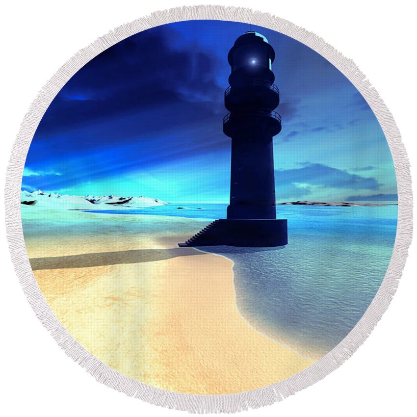 Seagull Round Beach Towel featuring the painting Sand Island Light by Corey Ford
