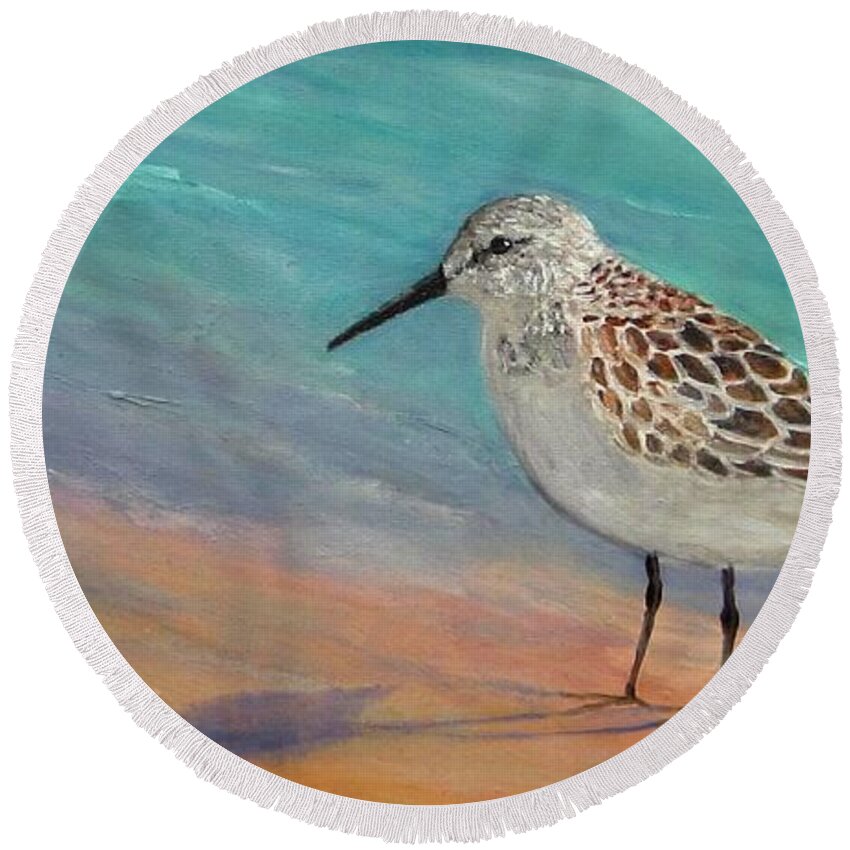 Sandpiper Round Beach Towel featuring the painting Sandpiper Sighting by Anne Marie Brown