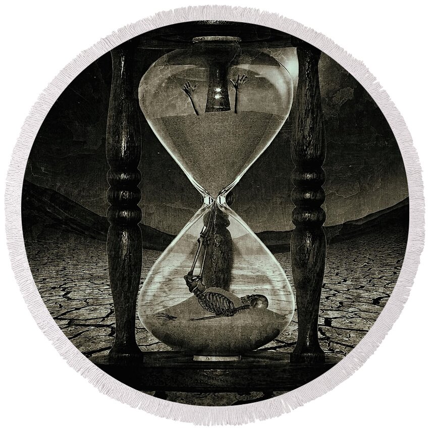 Clock Round Beach Towel featuring the digital art Sands of Time ... Memento Mori - Monochrome by Marian Voicu