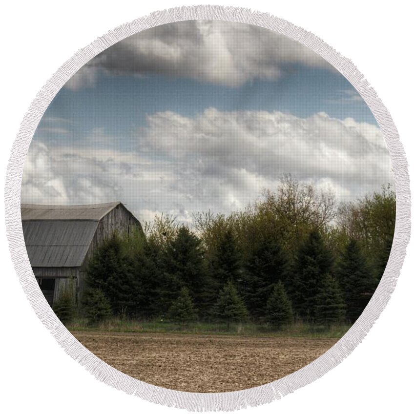 Barn Round Beach Towel featuring the photograph 0044 - Sandusky Grey in the Pines I by Sheryl L Sutter