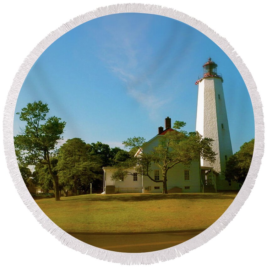 Sandy Hook Lighthouse Photograph Round Beach Towel featuring the photograph Sandy Hook Lighthouse by Iconic Images Art Gallery David Pucciarelli