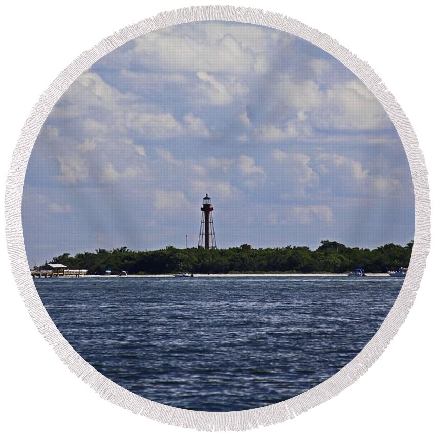 Lighthouse Round Beach Towel featuring the photograph Sanibel Lighthouse at Christmas by Michiale Schneider