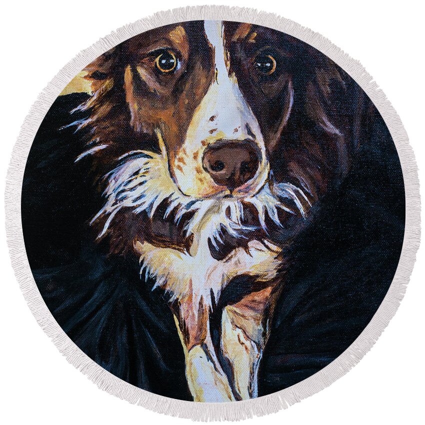Border Collie Round Beach Towel featuring the painting Sansa by Jackie MacNair