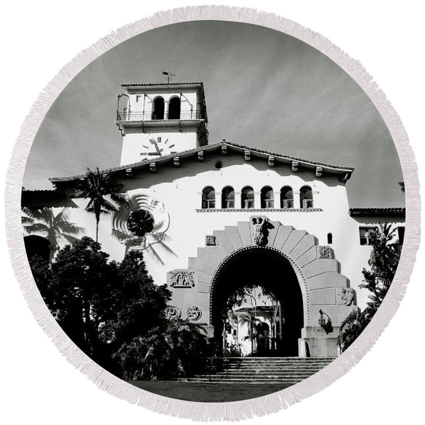 Santa Barbara Round Beach Towel featuring the mixed media Santa Barbara Courthouse Black And White-by Linda Woods by Linda Woods