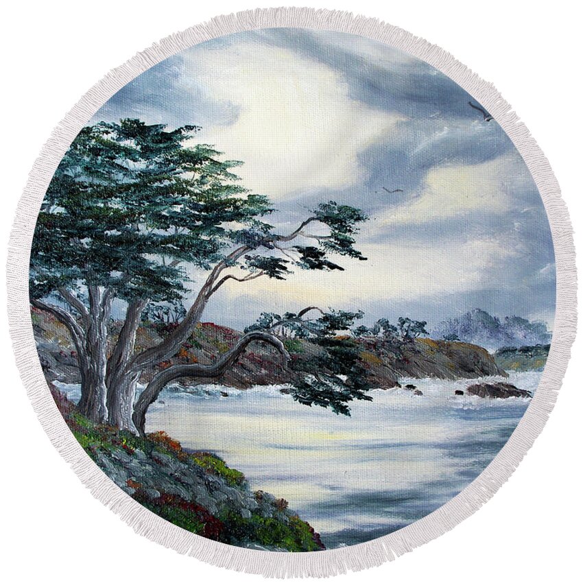 Santa Cruz Round Beach Towel featuring the painting Santa Cruz Cypress Tree by Laura Iverson