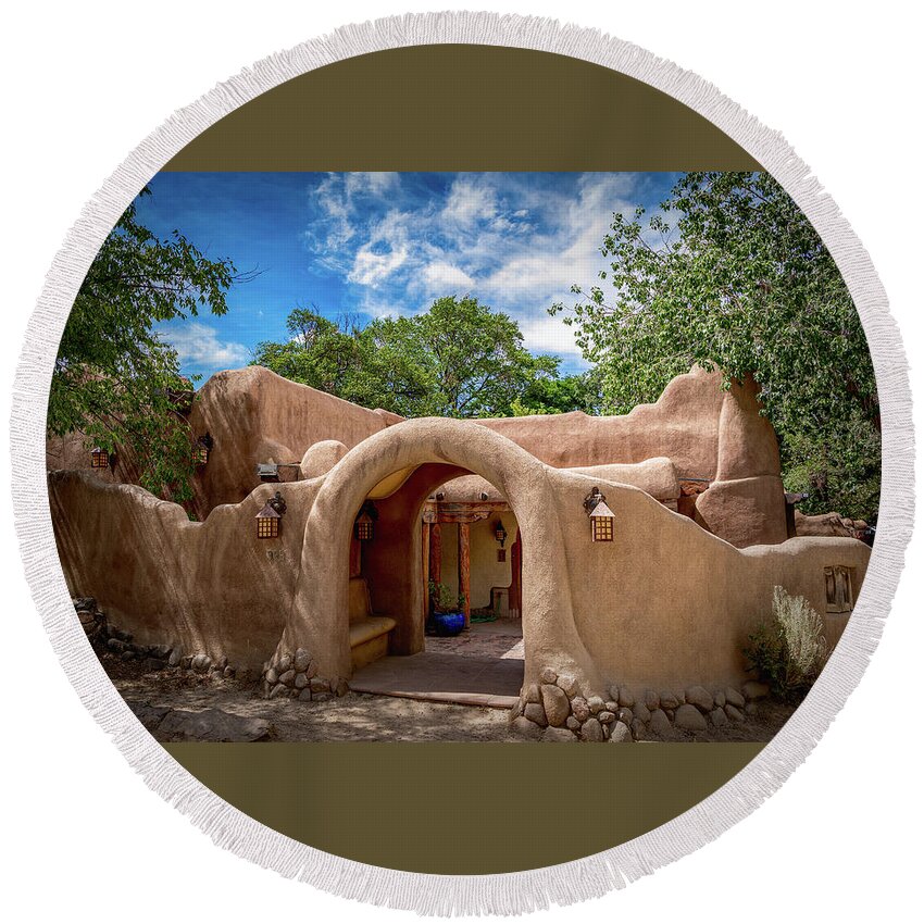 Adobe Round Beach Towel featuring the photograph Santa Fe Entrance by Paul LeSage