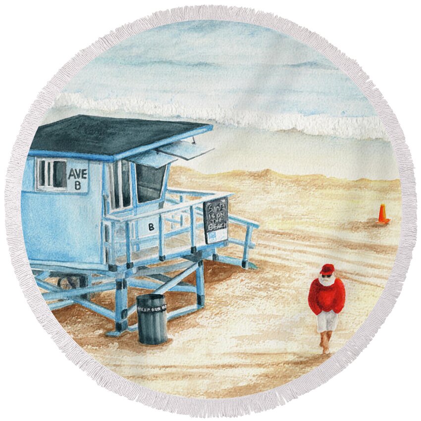 Santa On The Beach Round Beach Towel featuring the painting Santa is on the Beach by Lori Taylor